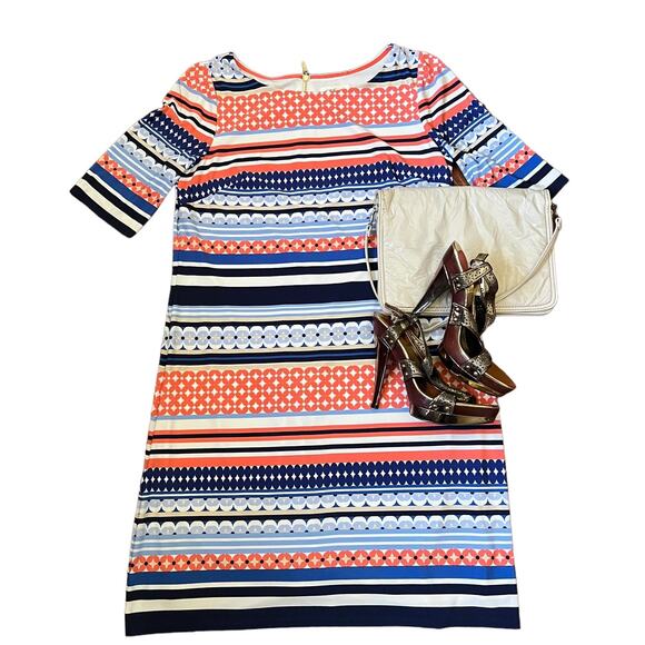 Pink & Blue Mixed Print Midi Shift Dress Size 12 Scoop Neck Back Zip Bohemian - Picture 15 of 16